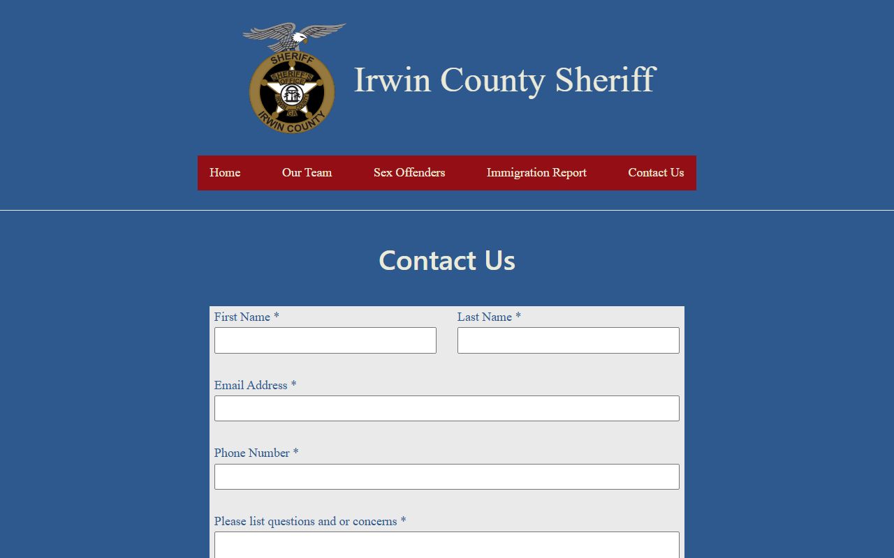 Irwin County inmate records sheriff contact page with jail phone and address